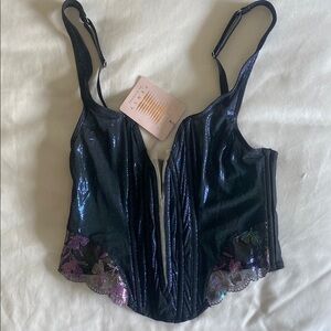 Savage X Fenty Black Sequin Corset Top with Floral Embroidery